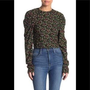 AFRM Top Garden Floral Blouse Puffed Drape Sleeve Black Viscose Zip, M